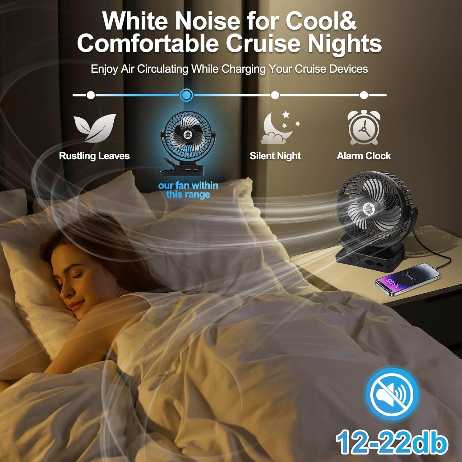 6 inch Magnetic Cruise Fan with 12000mAh Rechargeable Battery, 3-Speed Control, LED Light, Timer, Clip & Power Output – Ship-Approved, 360° Tilt Head for Cruise Staterooms & Travel - Image 5