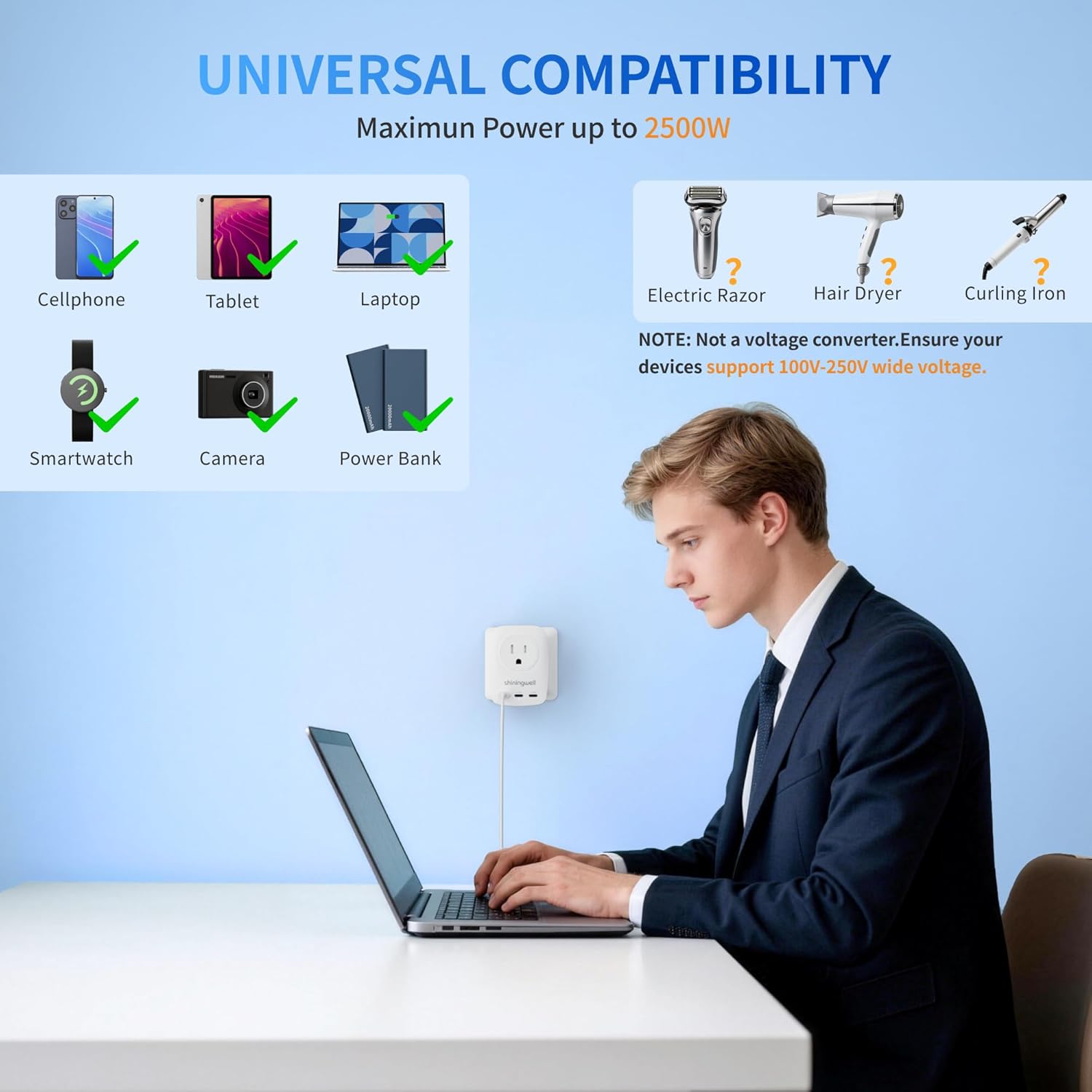 GaN 45W Universal Travel Adapter Kit, 7 in 1 International Power Adapter with 3 USB-C/2 USB-A/2 AC Ports, Cruise Essentials Worldwide Charger for European, Australia, UK - for Laptop, Phone, Camera - Image 6