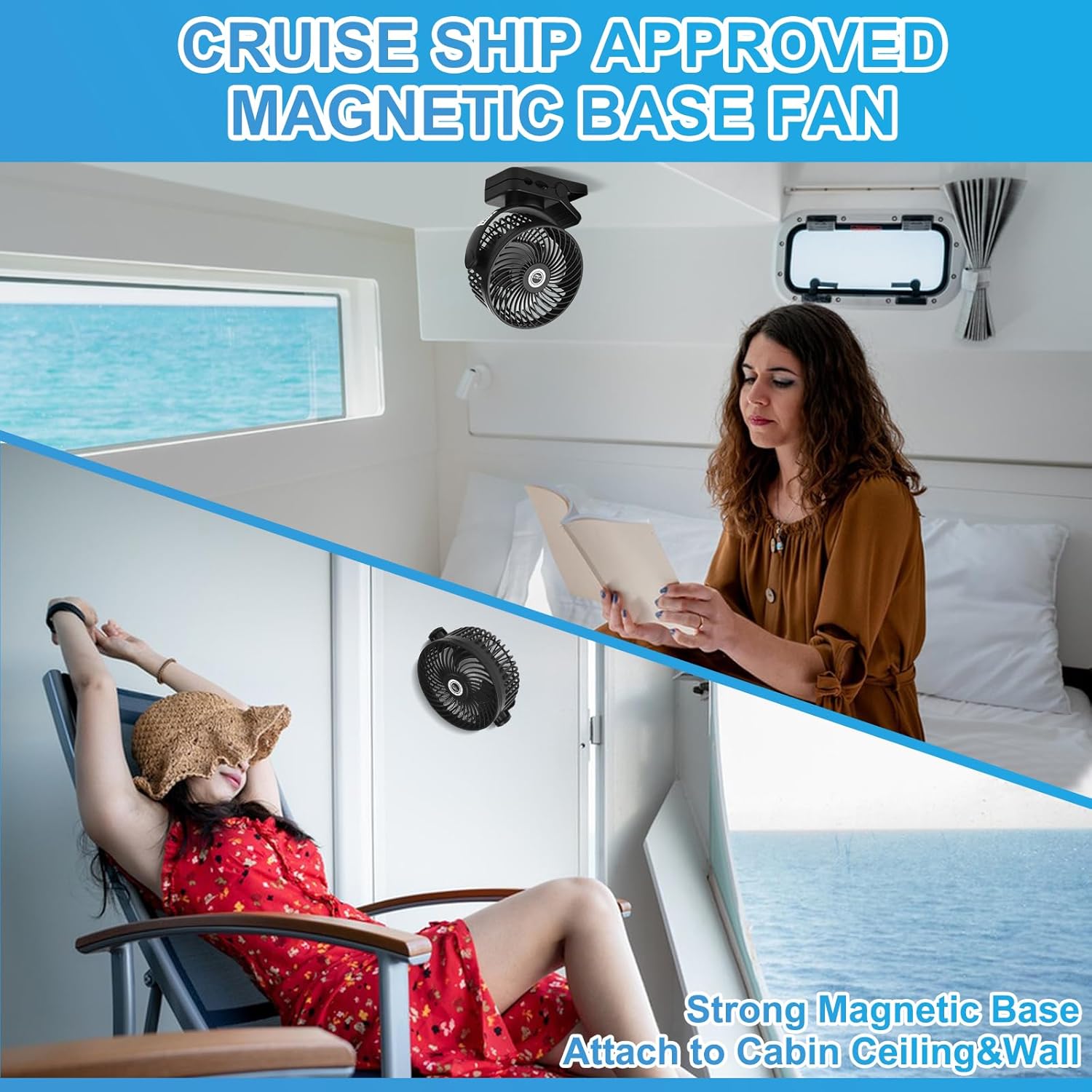 6 inch Magnetic Cruise Fan with 12000mAh Rechargeable Battery, 3-Speed Control, LED Light, Timer, Clip & Power Output – Ship-Approved, 360° Tilt Head for Cruise Staterooms & Travel - Image 3