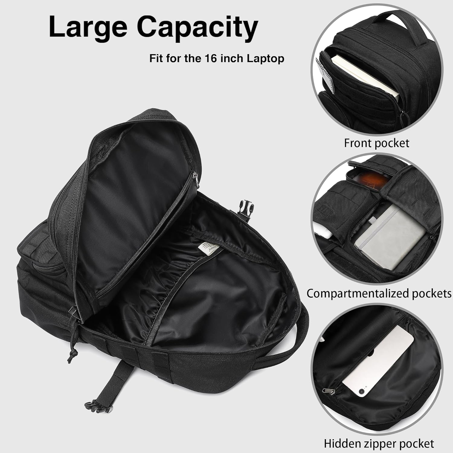 Wotony Tactical Backpack - Military waterproof backpack with multiple pockets and tactical gear for the outdoors (Black, 25L) - Image 8