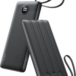 VRURC Portable Charger with Built in Cables, Slim Power Bank 10000mAh, USB C Battery Pack Travel Essential, 5 Outputs 2 Inputs Phone Charging Bank for iPhone 16 15 14 13,Samsung,Android-Black(1 Pack)