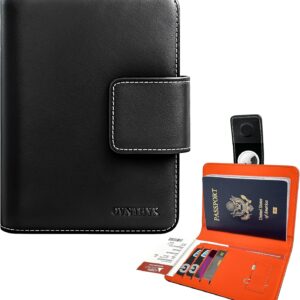 Passport Holder for Travel - Genuine Leather Passport Wallet with Hidden AirTag Pocket and RFID Blocking, Travel Essentials Gift (Black)