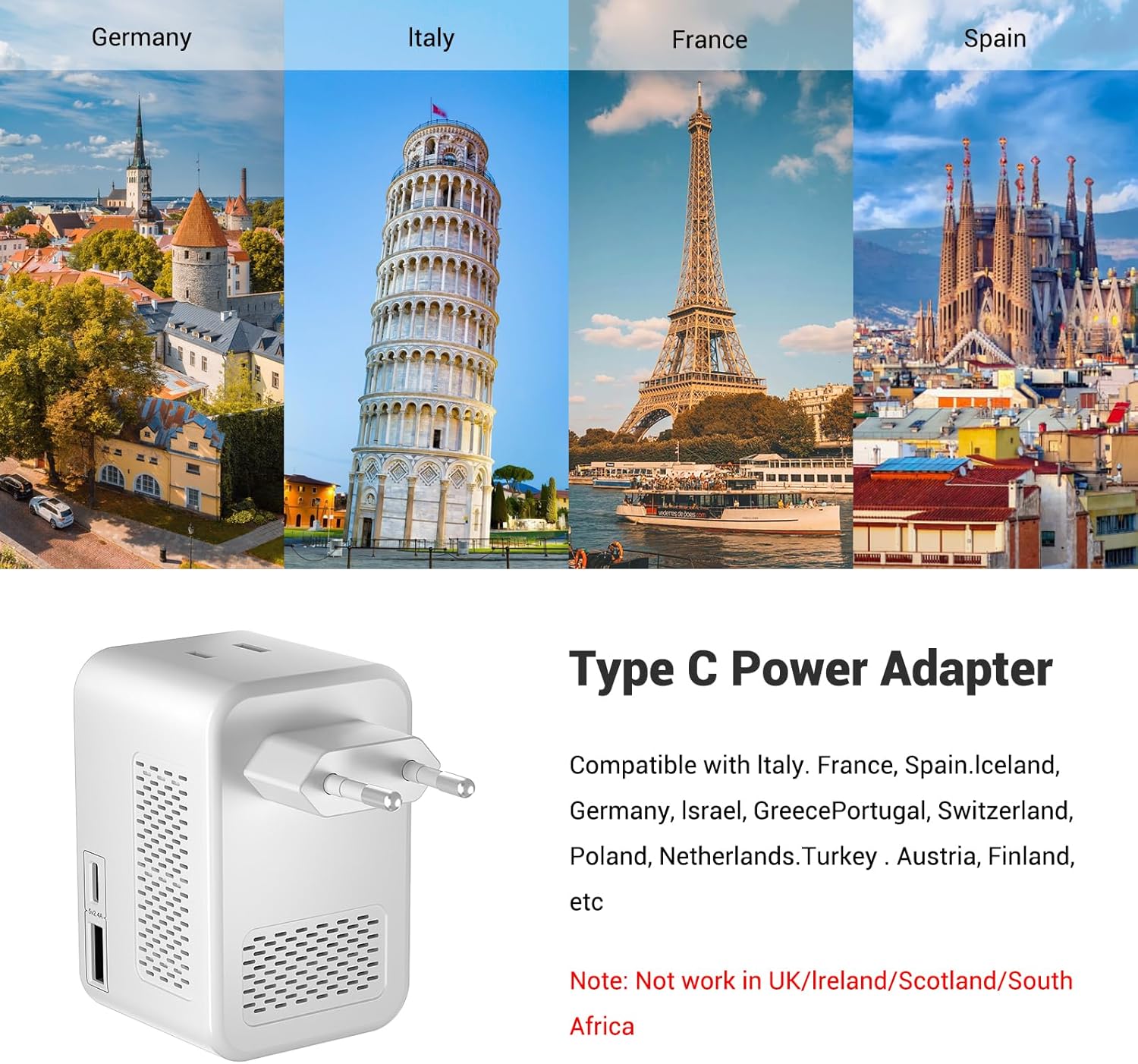 220V to 110V Voltage Conversion Plug Adapter for Traveling from USA to Europe with 2 USB and 2 USBC Ports PD 20 W, 2 AC Outlets International Power Adapter - Image 4