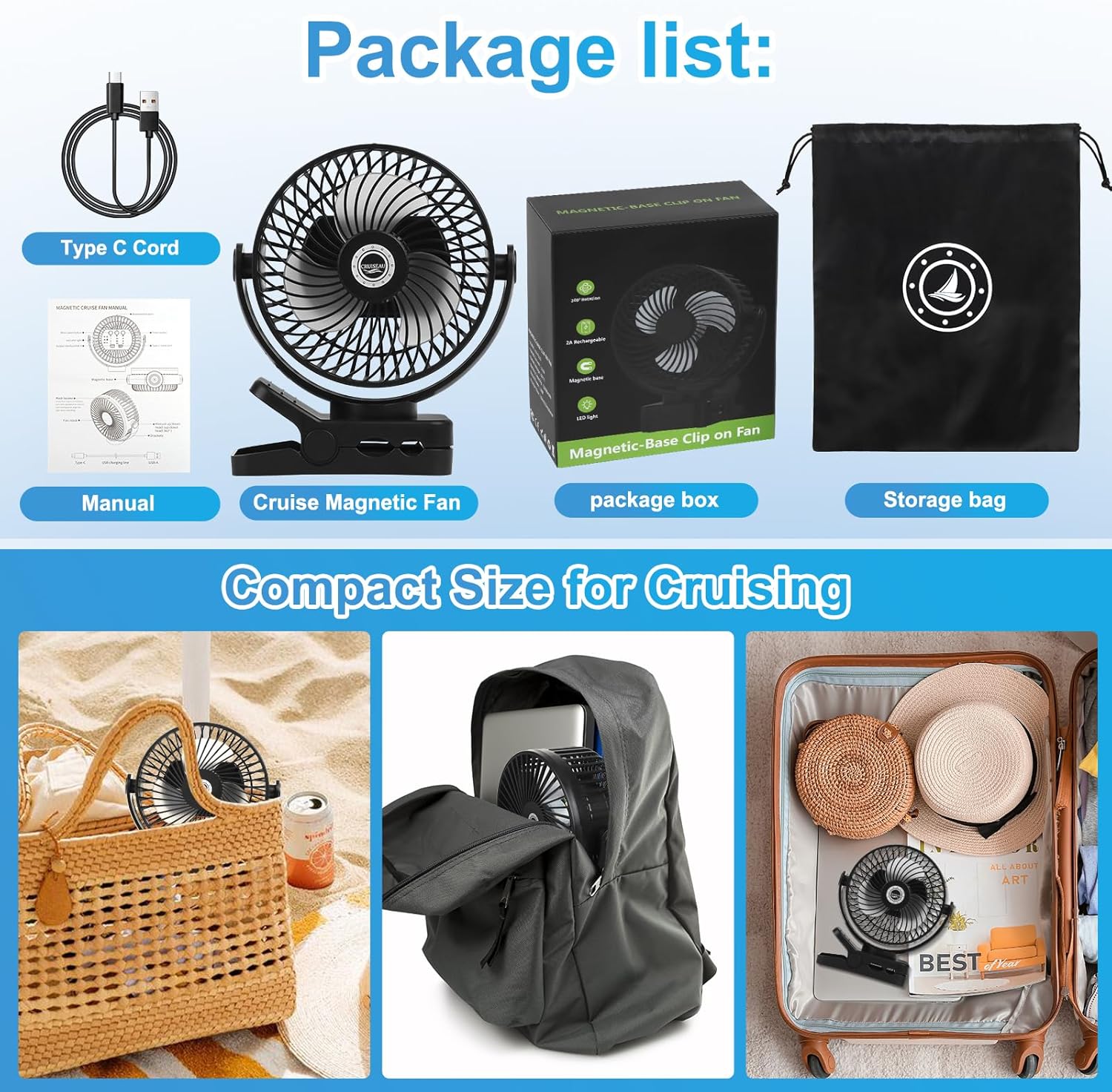 6 inch Magnetic Cruise Fan with 12000mAh Rechargeable Battery, 3-Speed Control, LED Light, Timer, Clip & Power Output – Ship-Approved, 360° Tilt Head for Cruise Staterooms & Travel - Image 7