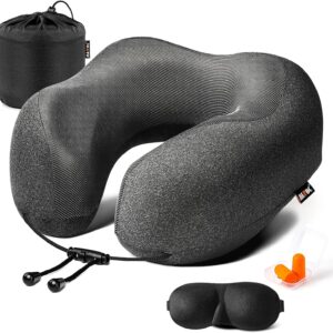 MLVOC Neck Pillow for Traveling, Upgraded 100% Pure Memory Foam Travel Neck Pillow for Airplane Flight Sleep, Breathable & Machine Washable Cover, Travel Kit with 3D Eye Mask, Earplugs & Bag, Black