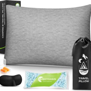 All-in-1 Camping Pillow Set - Small Travel Pillow Shredded Memory Foam for Sleeping with Eye Mask, Earplugs & Washable Cover, Compact for Backpacking, Hiking, Airplane, Car, L Size