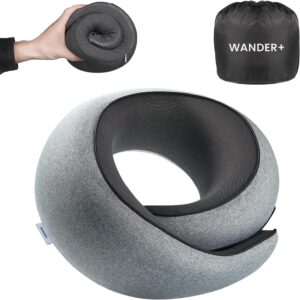 WANDER PLUS® Travel Neck Pillow, Pure Memory Foam Neck Pillow for Airplanes, Comfortable Breathable Cover, 360 Degree Support Ergonomic Design Best for Sleeping Plane Train Travel Essentials Max Grey