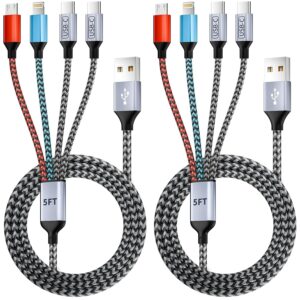 Dual Type-C Ports USB Multi Charging Cable Cord, 4 in 1 Charging Cables for Multiple Devices, Multi Charger Phone Charger Cord with iPhone 17/IP/Micro Port for iPhone 16-12/Android/iPad(5FT 2Pack)