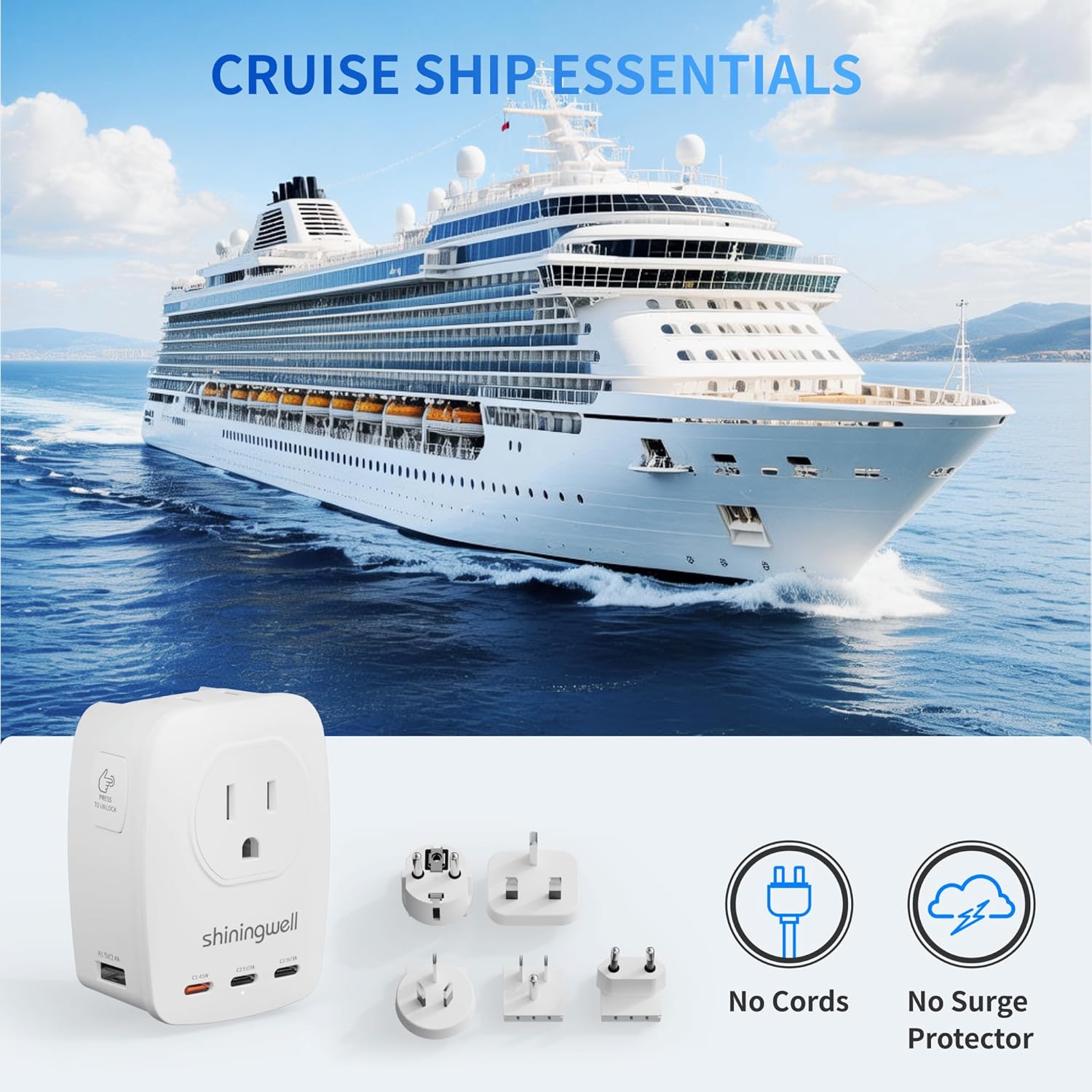 GaN 45W Universal Travel Adapter Kit, 7 in 1 International Power Adapter with 3 USB-C/2 USB-A/2 AC Ports, Cruise Essentials Worldwide Charger for European, Australia, UK - for Laptop, Phone, Camera - Image 9