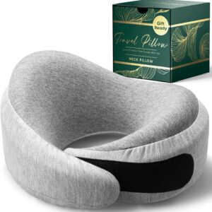 Proglobe Luxe Memory Foam Travel Neck Pillow for Airplanes, Ergonomic 360° Neck and Chin Support, Organic Cotton Cover, Compact Compression Bag, Light Gray