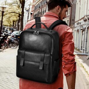 Alternative view of Men's Black Leather Backpack for Work Travel, Durable Genuine Leather Laptop Backpack with 15.6-inch Computer Compartment, Stylish Professional Designer