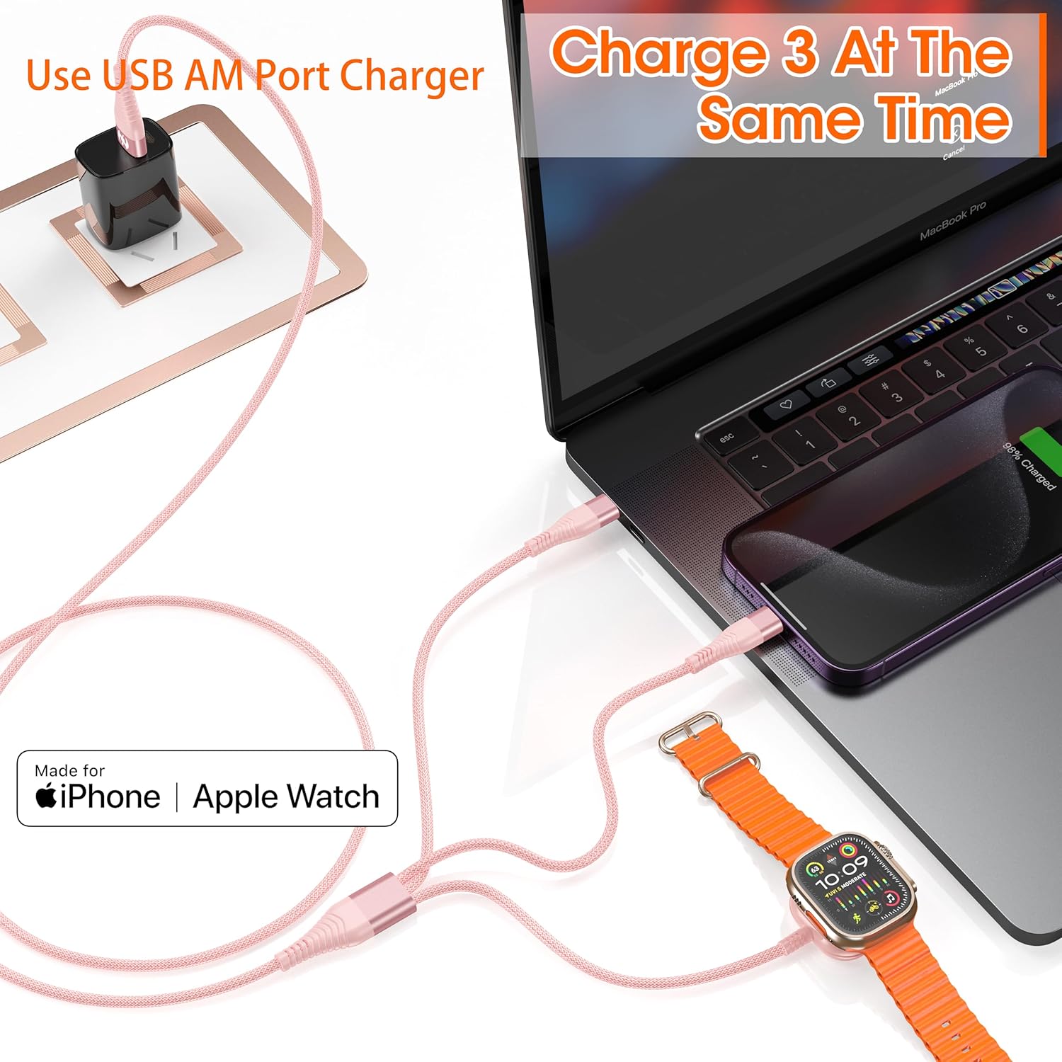 Apple Watch Charger Multi Charging Cable 6FT, Nylon Braided USB AM Port to Lightning Type C USB C Cord iWatch Magnetic Wireless Charger 3 in 1 Charging Wire for Apple iPhone Android Phone and iWatch - Image 3