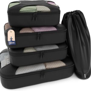 Shacke Premium 5 Packing Cubes Set - Lightweight Mesh Travel Luggage Organizers with Laundry Bag, 5-Piece Suitcase Storage System (Black)