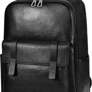 Men's Black Leather Backpack for Work Travel, Durable Genuine Leather Laptop Backpack with 15.6-inch Computer Compartment, Stylish Professional Designer