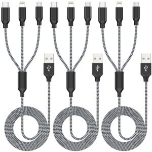 Multi Charging Cable 4ft 3Pack 3 in 1 Charger Cord, Multiple Rapid Nylon Braided Cable USB Charging Cable Multi Phone Charger Cord with Type C Micro Lightning USB Connectors for Cell Phones